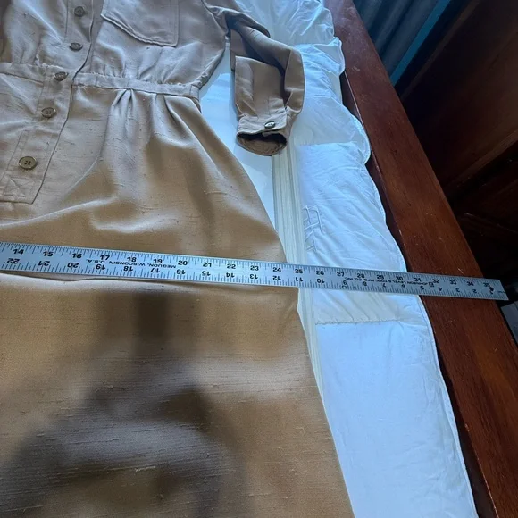 Vintage YSL Rive Gauche Tan Raw Silk Shirt Dress FR 42 US 8/10 - Picture 12 of 15